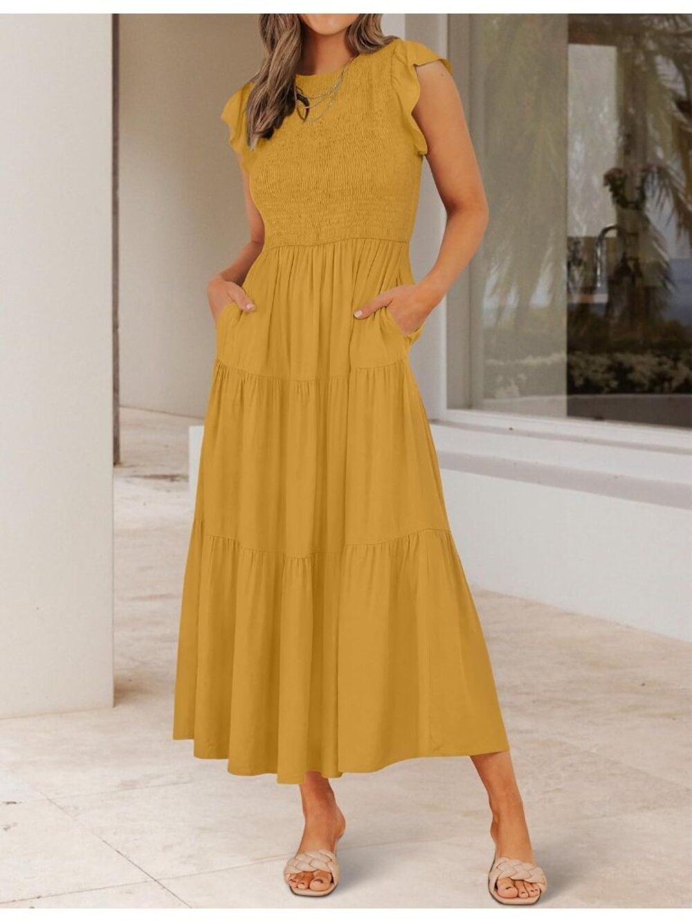 〽️Women’s Ginger Flutter Sleeve Smocked Midi Dress Boho Tiered Summer Style - Picture 3 of 6